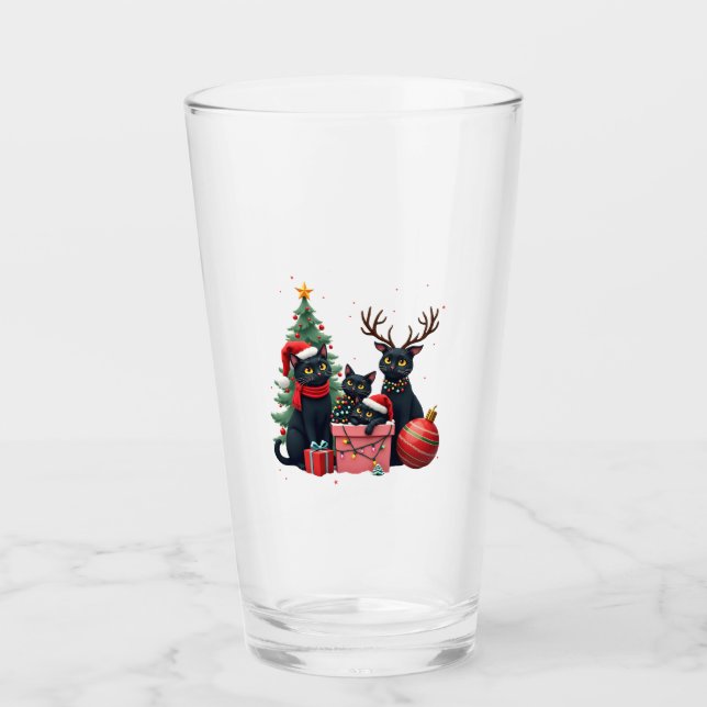 Meowy Christmas Black Cats Play Christmas Tree Lig Glass (Front)