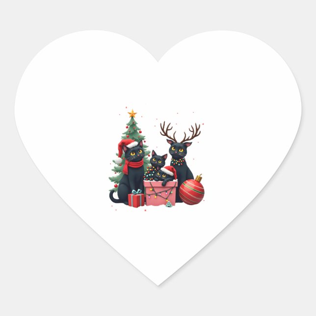 Meowy Christmas Black Cats Play Christmas Tree Lig Heart Sticker (Front)