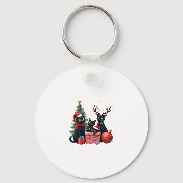 Meowy Christmas Black Cats Play Christmas Tree Lig Key Ring (Front)