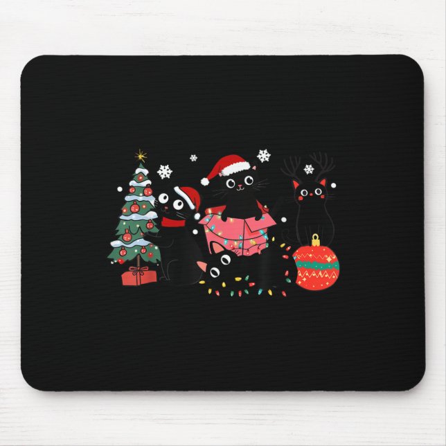 Meowy Christmas Black Cats Play Christmas Tree Lig Mouse Mat (Front)