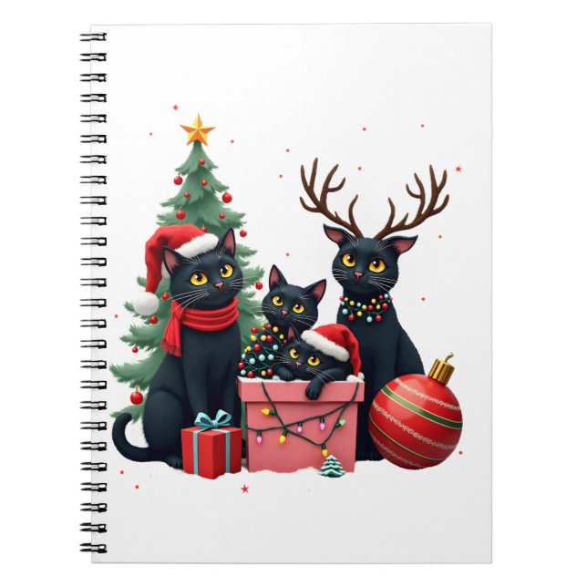 Meowy Christmas Black Cats Play Christmas Tree Lig Notebook (Front)