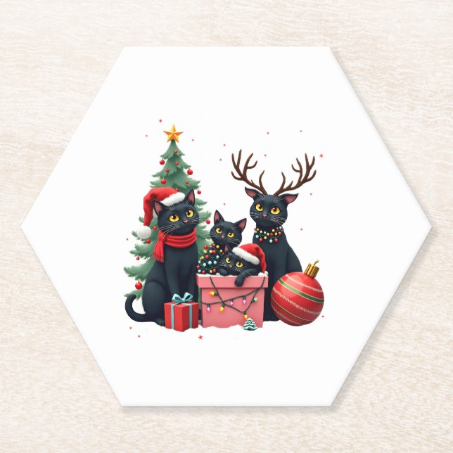 Meowy Christmas Black Cats Play Christmas Tree Lig Paper Coaster (Front)