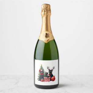 Meowy Christmas Black Cats Play Christmas Tree Lig Sparkling Wine Label