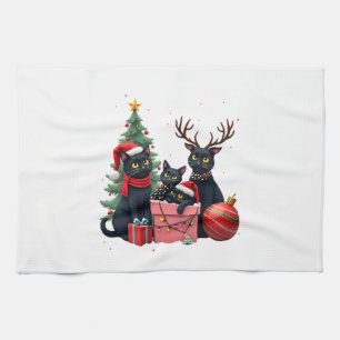 Meowy Christmas Black Cats Play Christmas Tree Lig Tea Towel