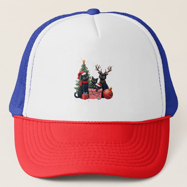 Meowy Christmas Black Cats Play Christmas Tree Lig Trucker Hat (Front)