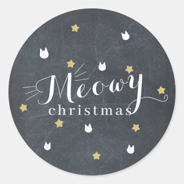 Meowy Christmas Black Chalkboard Cat Star Holiday Classic Round Sticker (Front)