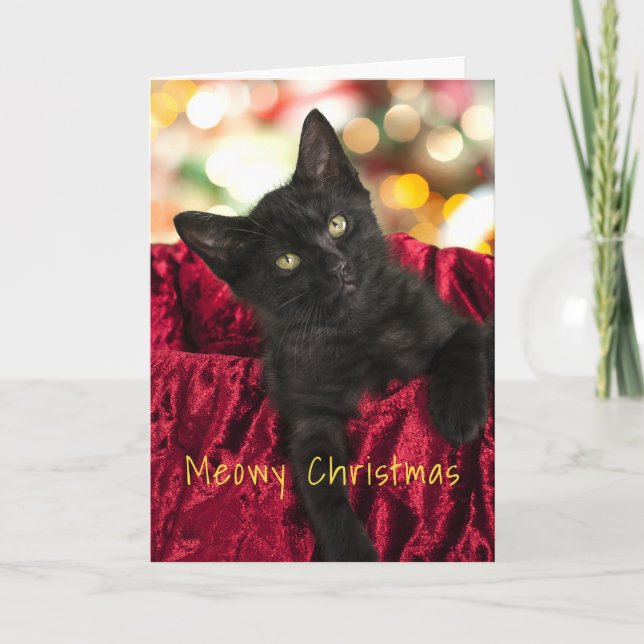Meowy Christmas Black Kitten Holiday Greeting Card (Front)