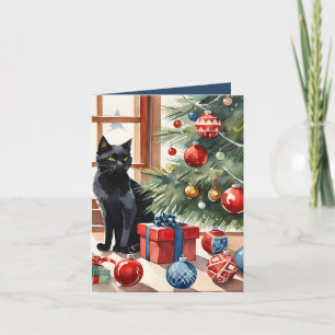 Meowy Christmas Bombay Cat Watercolor Holiday Card