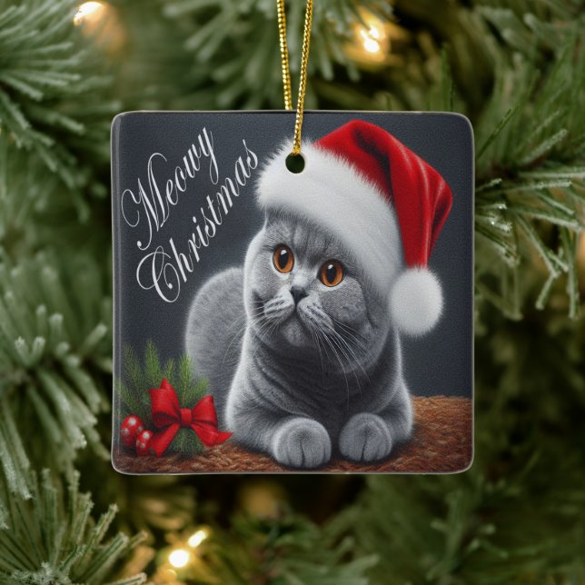 Meowy Christmas British Shorthair Santa Cat Ceramic Ornament (Tree)