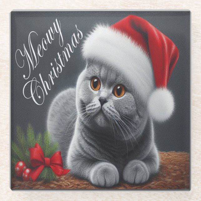 Meowy Christmas British Shorthair Santa Cat Glass Coaster (Front)