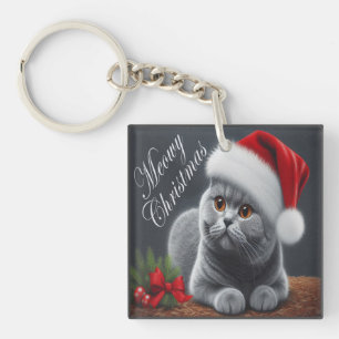 Meowy Christmas British Shorthair Santa Cat Key Ring