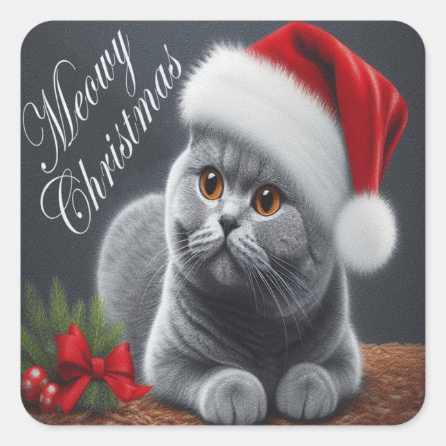 Meowy Christmas British Shorthair Santa Cat Square Sticker (Front)