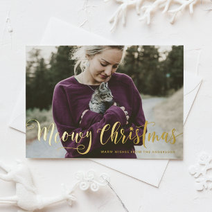 Meowy Christmas Calligraphy Modern Photo Cat Foil Holiday Postcard