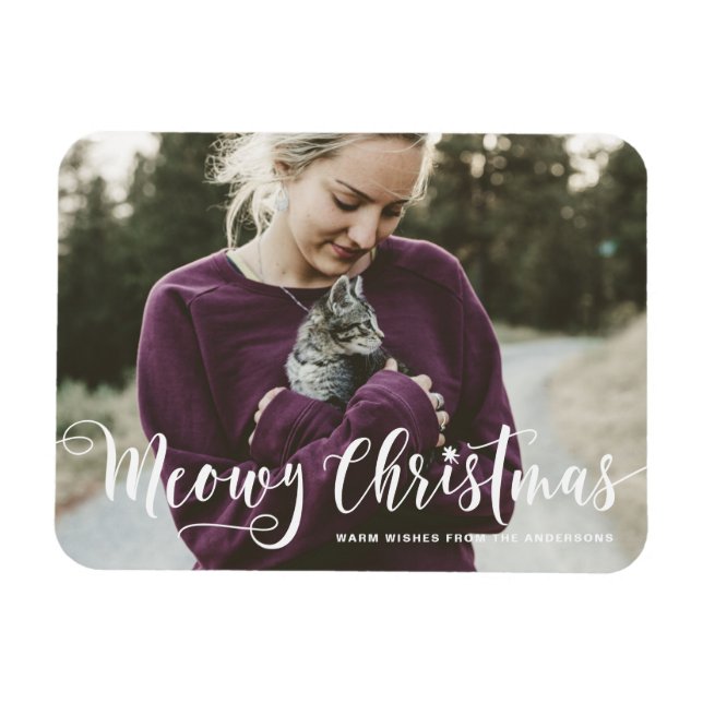Meowy Christmas Calligraphy Modern Photo Cat Magnet (Horizontal)
