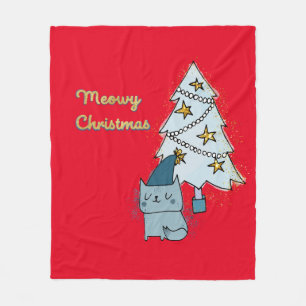 Meowy Christmas Cat and Christmas Tree Fleece Blanket