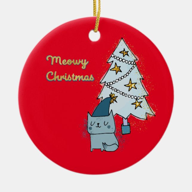 Meowy Christmas Cat and Tree   Ceramic Tree Decoration (Front)