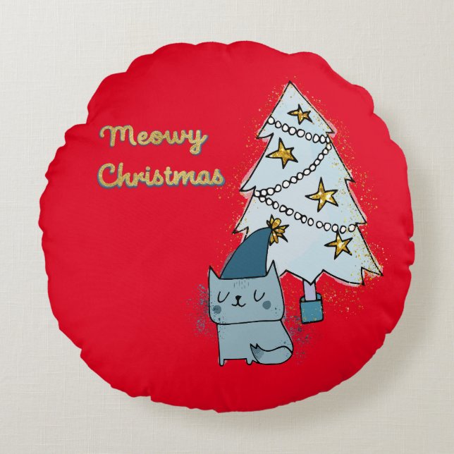 Meowy Christmas Cat and Tree   Round Cushion (Front)