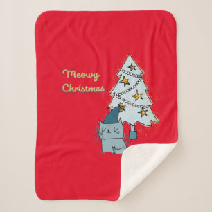 Meowy Christmas Cat and Tree Sherpa Blanket