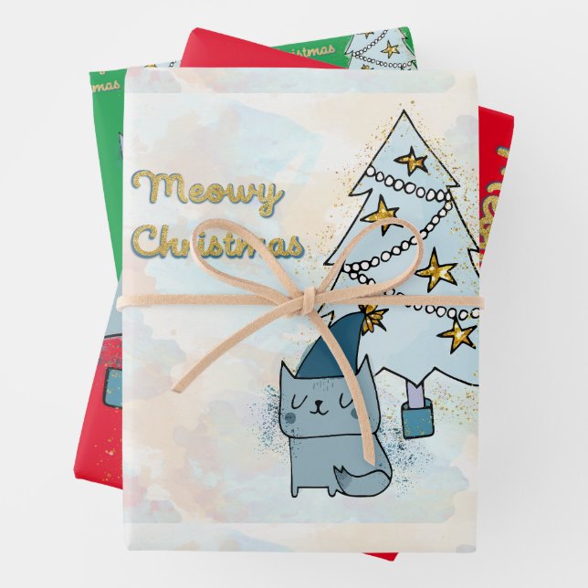 Meowy Christmas Cat and Tree   Wrapping Paper Sheet (In situ)