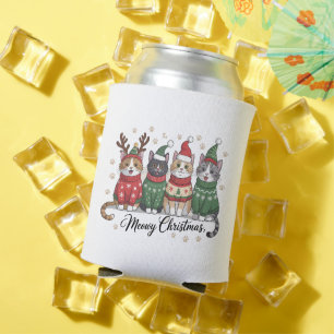 Meowy Christmas Cat Cute Cats with Santa Claus Hat Can Cooler