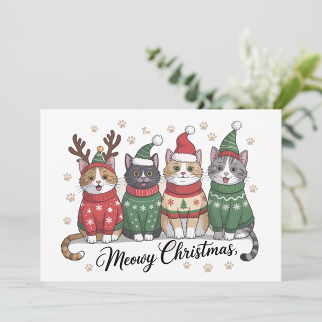 Meowy Christmas Cat Cute Cats with Santa Claus Hat Holiday Card (Standing Front)