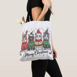 Meowy Christmas Cat Cute Cats with Santa Claus Hat Tote Bag