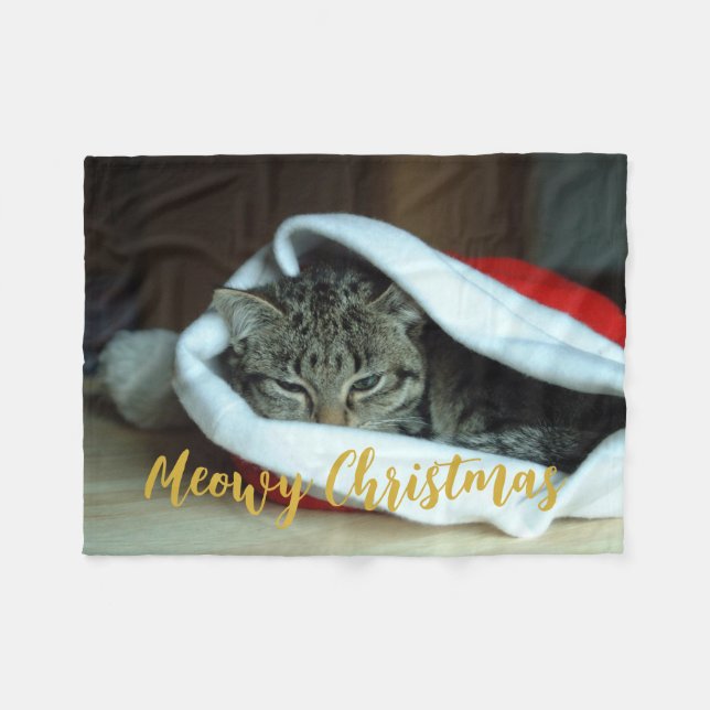 Meowy Christmas Cat Fleece Blanket (Front (Horizontal))
