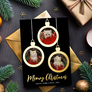 Meowy Christmas Cat Gold Baubles 3 Photos Collage Foil Holiday Card