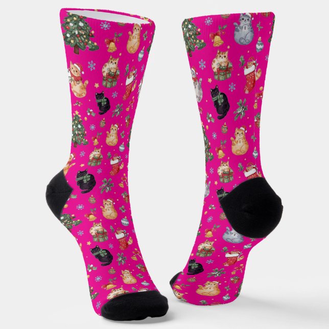 Meowy Christmas Cat Lover Crew Socks (Angled)