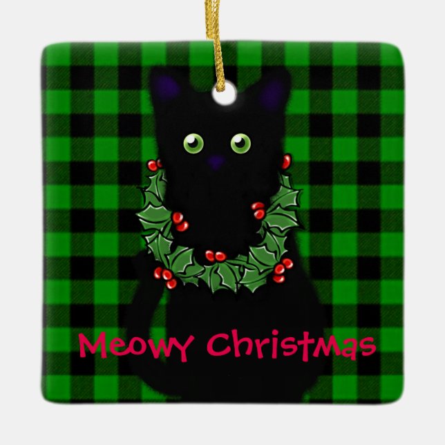 Meowy Christmas | cat lover gift | black cat  Ceramic Ornament (Front)