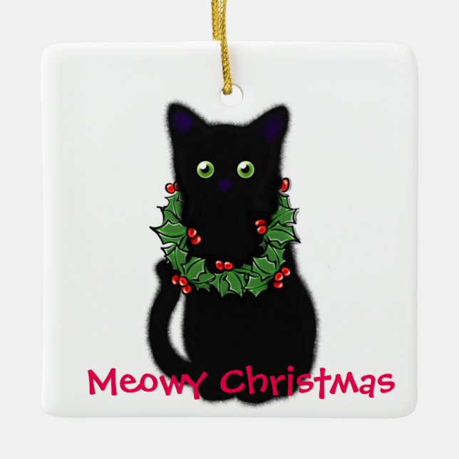 Meowy Christmas | cat lover gift | black cat  Ceramic Ornament (Front)