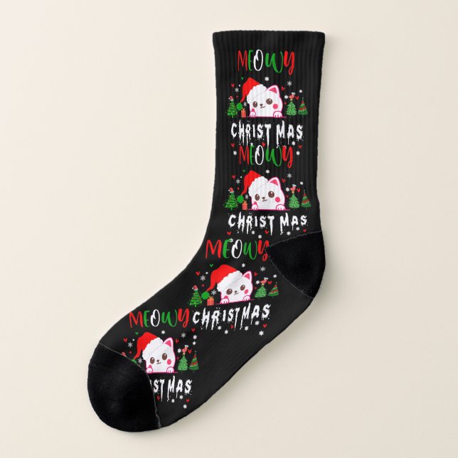 Meowy Christmas Cat Lover merry christmas kitten Socks (Right Inside)