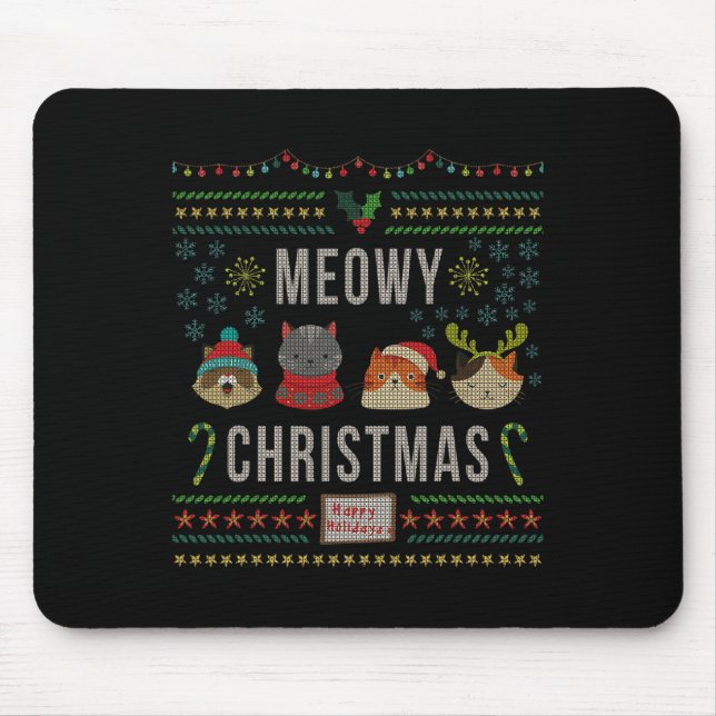 Meowy Christmas Cat Lover Tacky Ugly Christmas Par Mouse Mat (Front)