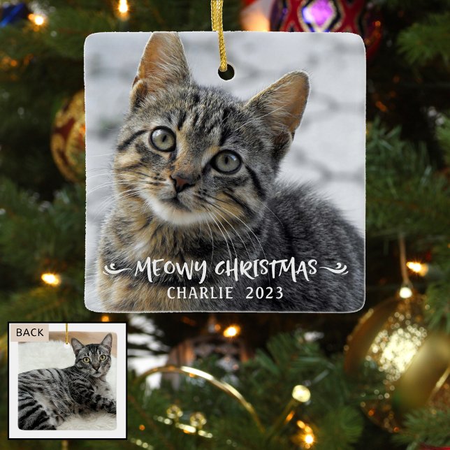 MEOWY CHRISTMAS Cat Name Photo Ceramic Ornament (Creator Uploaded)