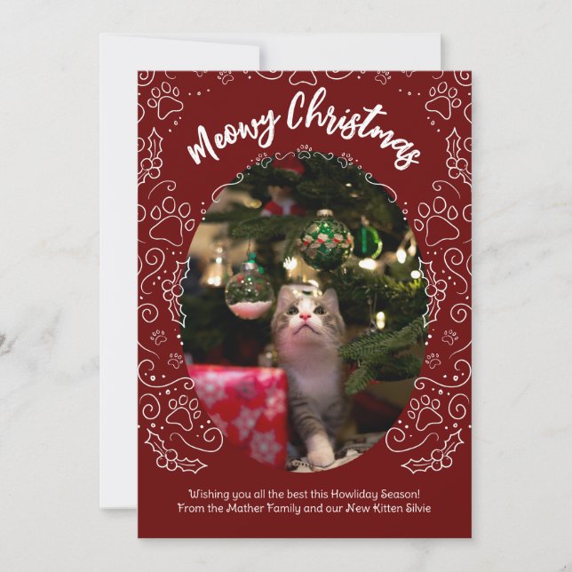 Meowy Christmas Cat Pet Christmas Card Dark Red (Front)