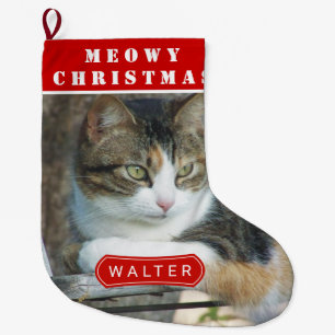 Meowy Christmas cat pet red Christmas photo Large Christmas Stocking