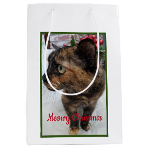 Meowy Christmas Cat Photo and Fractal Snowflake Medium Gift Bag