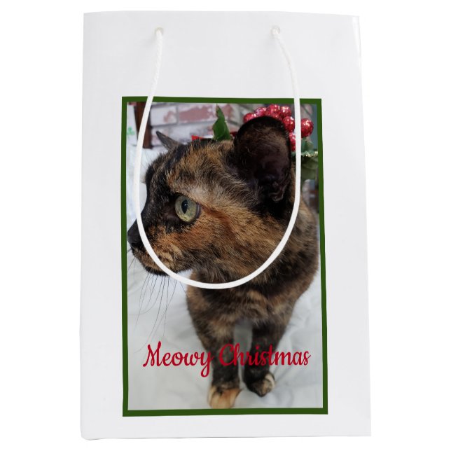Meowy Christmas Cat Photo and Fractal Snowflake Medium Gift Bag (Front)