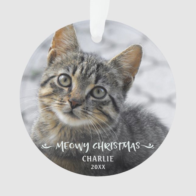 MEOWY CHRISTMAS Cat Photo Name Year Ornament (Front)
