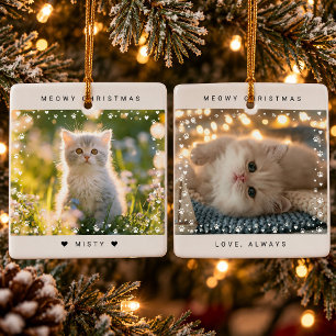 Meowy Christmas Cat Photo Paw Print Heart Ceramic Ornament