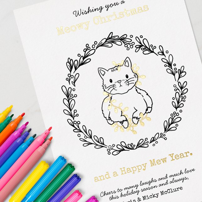 Meowy Christmas Cat Tangled in Lights Foil Holiday Card (For Best Results, Use Markers.)