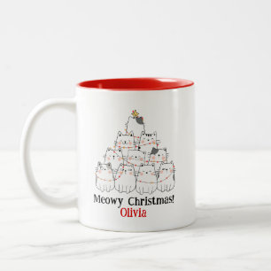 Meowy Christmas Cat Tree Mug – Custom Name Holiday