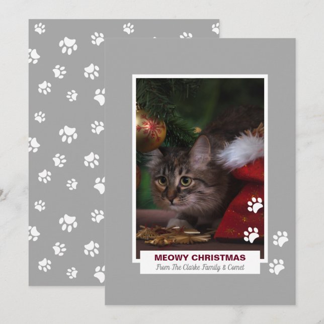 Meowy Christmas Cat White Paw Prints Pet Photo Holiday Card (Front/Back)