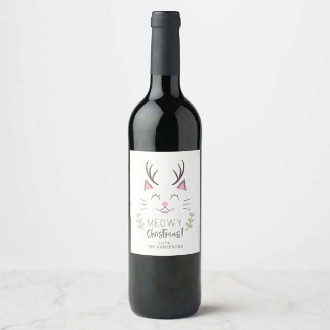 Meowy Christmas Cat with Antlers Xmas Wine Label (Front)