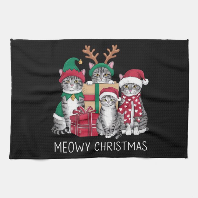 Meowy Christmas Cat Xmas Funny Cats Lover  Tea Towel (Horizontal)