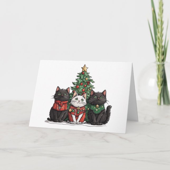 Meowy Christmas Cats Holiday Tree Card (Front)