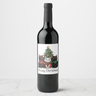 Meowy Christmas Cats Holiday Tree Wine Label