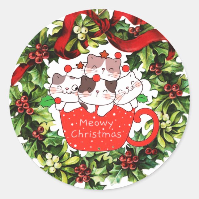 Meowy Christmas Cats in a Cup Cute Wreath Sticker (Front)