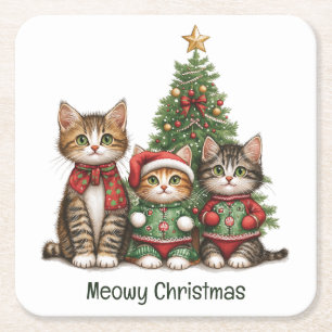 Meowy Christmas Cats Square Paper Coaster
