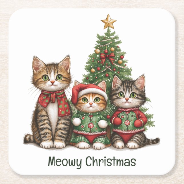 Meowy Christmas Cats Square Paper Coaster (Front)